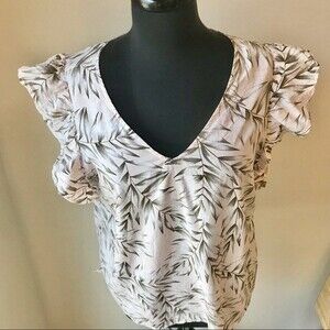 Palm Leaf Print Top Ruffle Sleeve Shirt Green Pink Cotton Modal Tropical Blouse